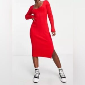 Red Rib Knit Body-Con Midi Dress